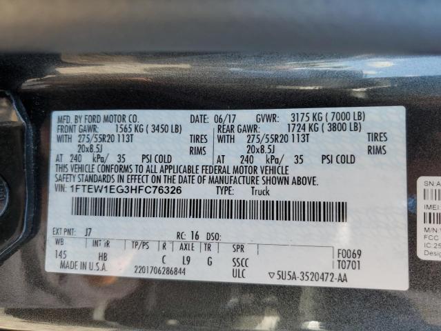 2017 Ford F150 Supercrew VIN: 1FTEW1EG3HFC76326 Lot: 60858734