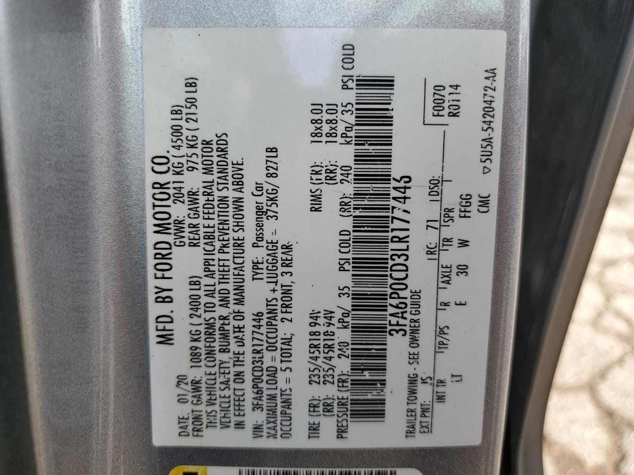 3FA6P0CD3LR177446 2020 Ford Fusion Sel