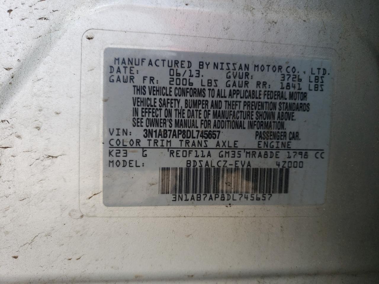 3N1AB7AP8DL745657 2013 Nissan Sentra S