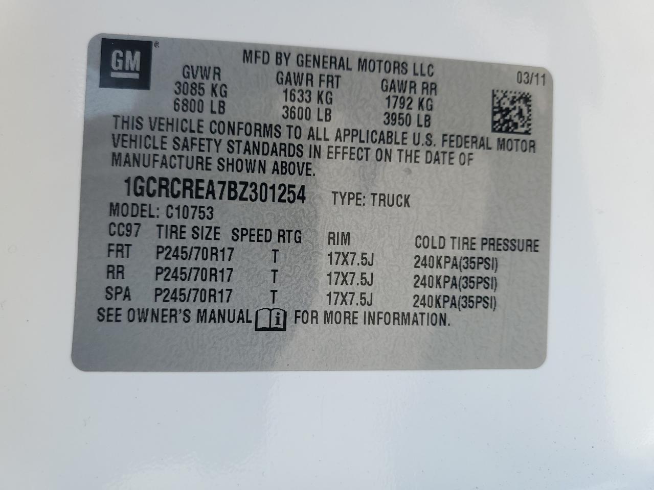 1GCRCREA7BZ301254 2011 Chevrolet Silverado C1500 Ls