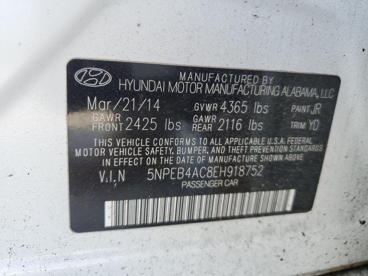 5NPEB4AC8EH918752 2014 Hyundai Sonata Gls