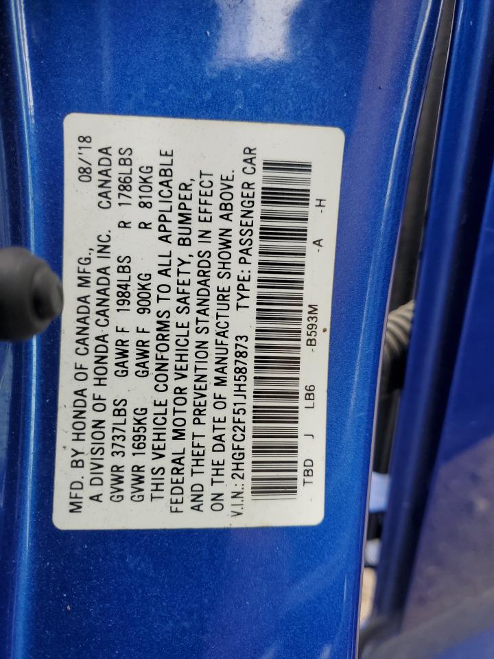2HGFC2F51JH587873 2018 Honda Civic Lx