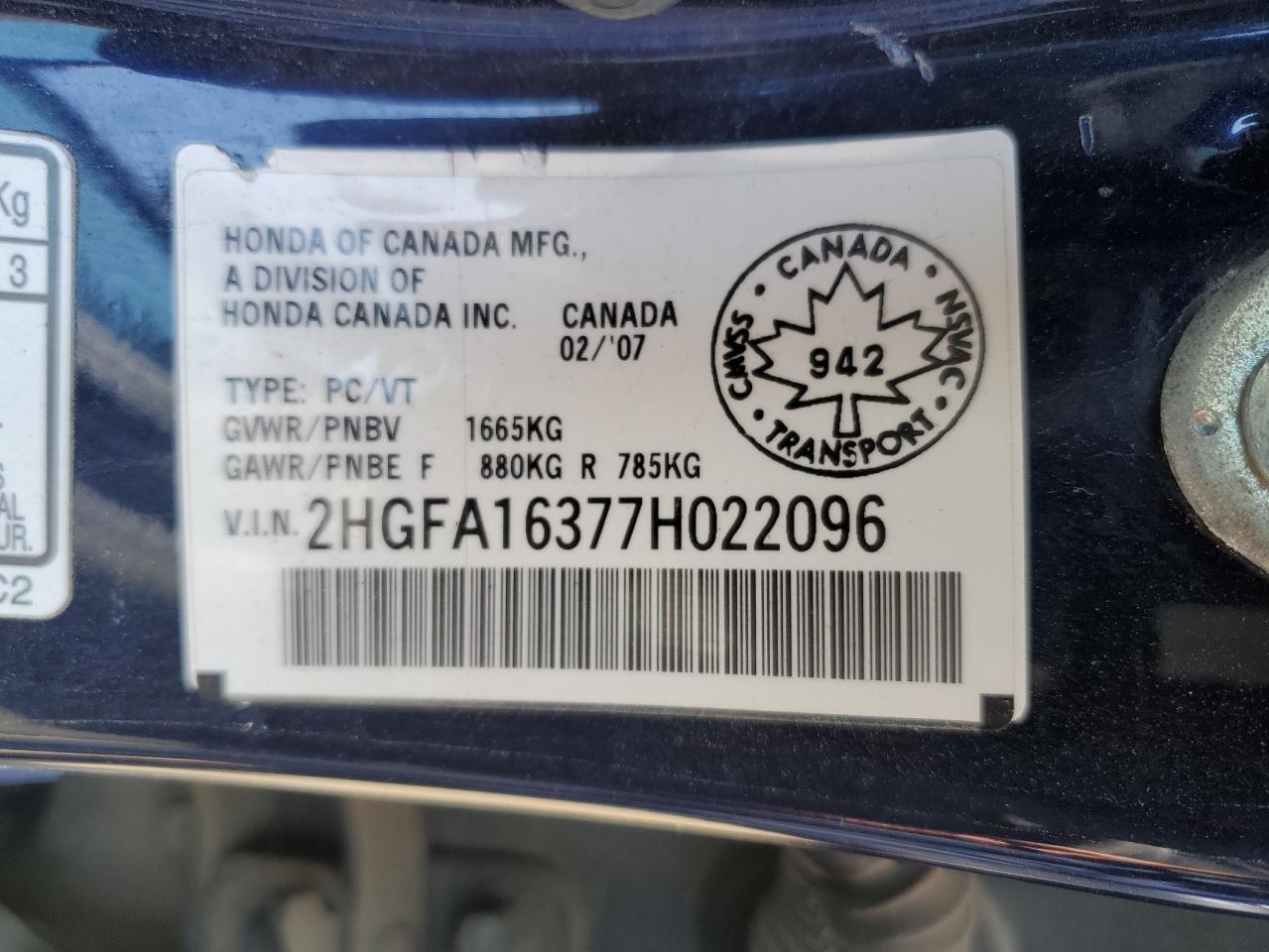 2HGFA16377H022096 2007 Honda Civic Dx