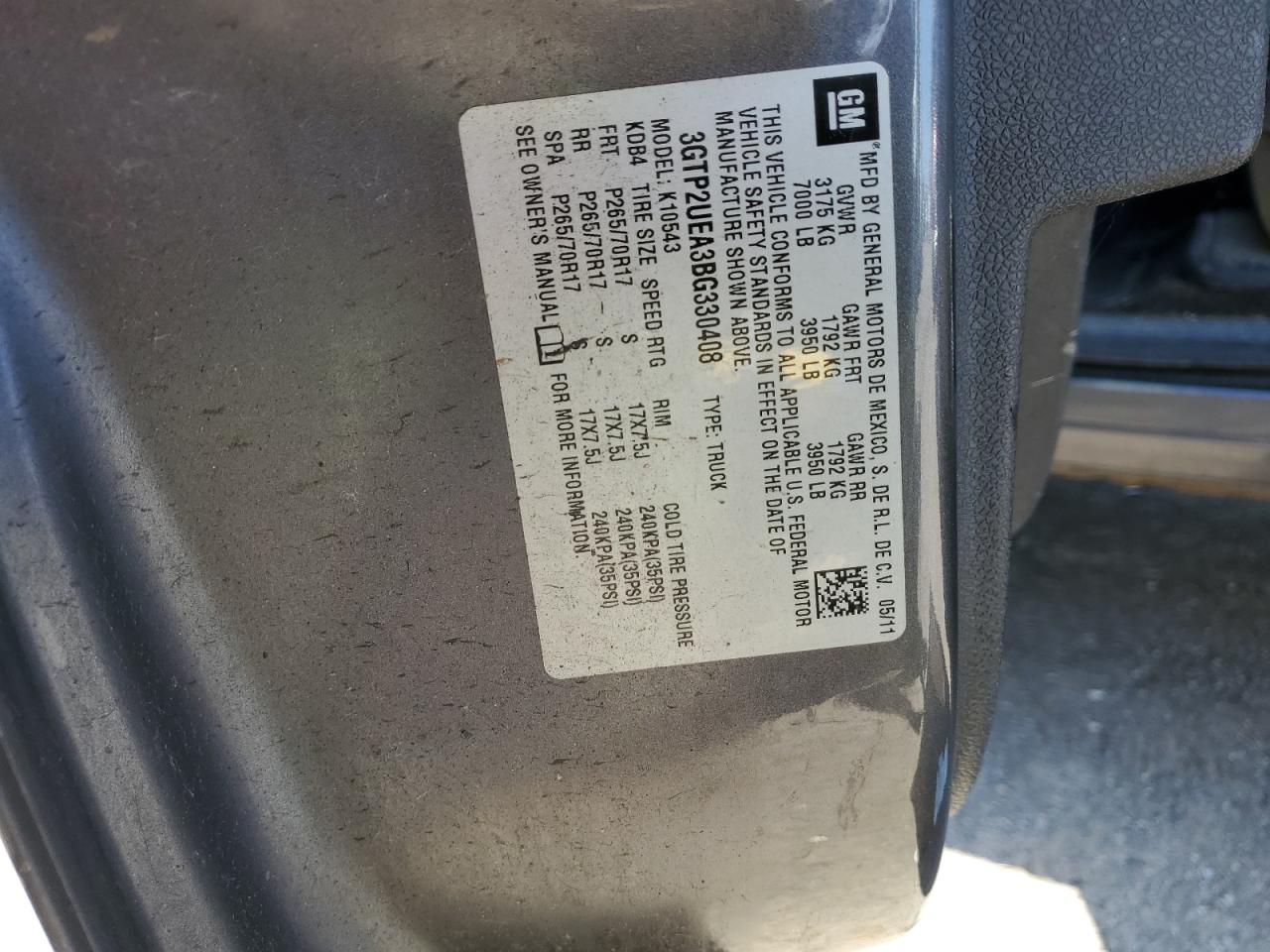 3GTP2UEA3BG330408 2011 GMC Sierra K1500 Sl