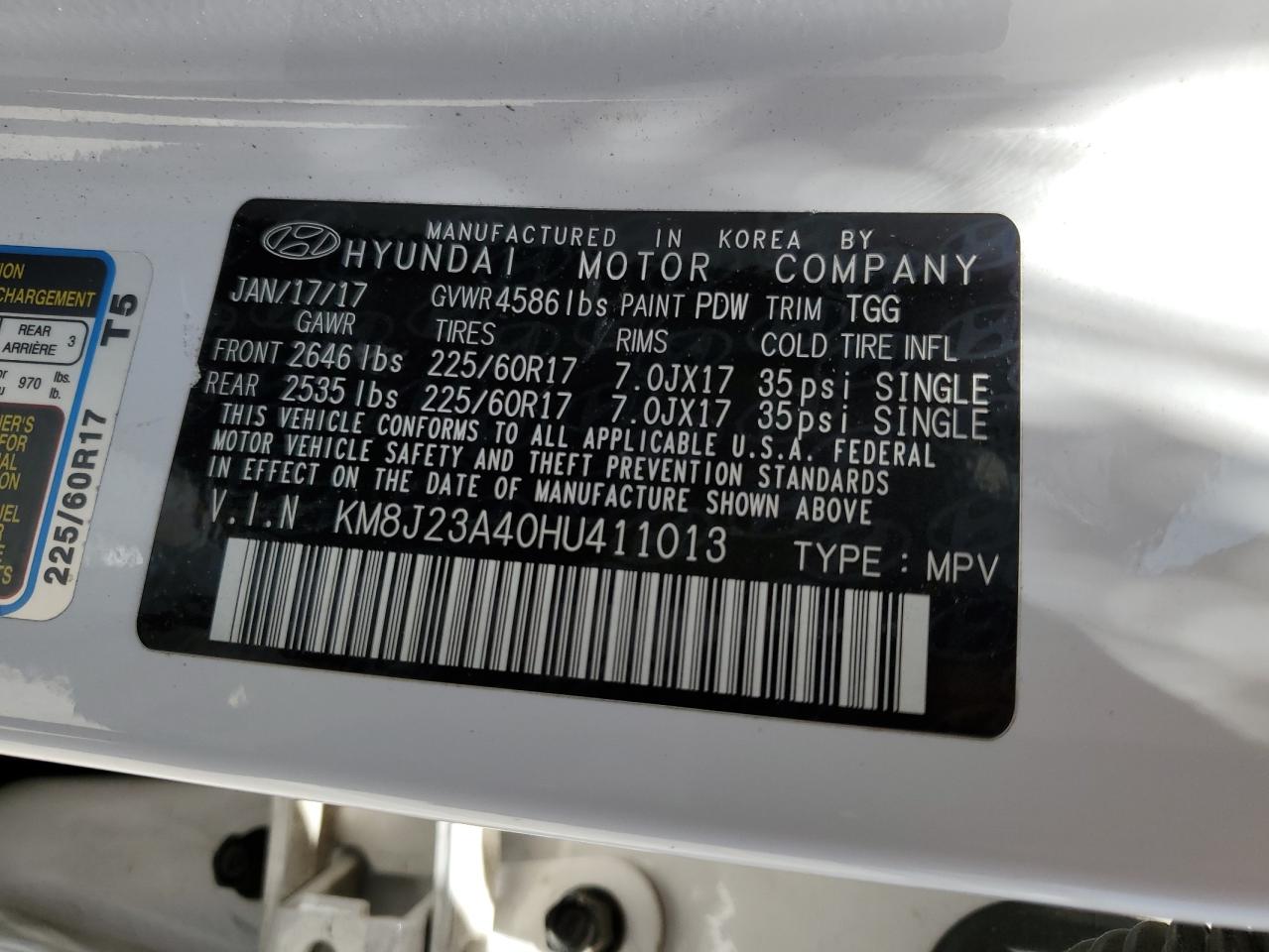 KM8J23A40HU411013 2017 Hyundai Tucson Se