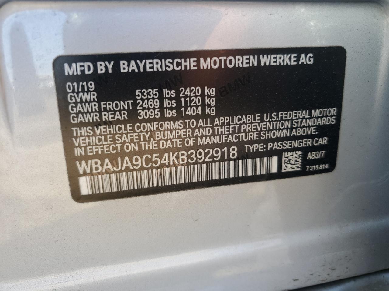 WBAJA9C54KB392918 2019 BMW 530E