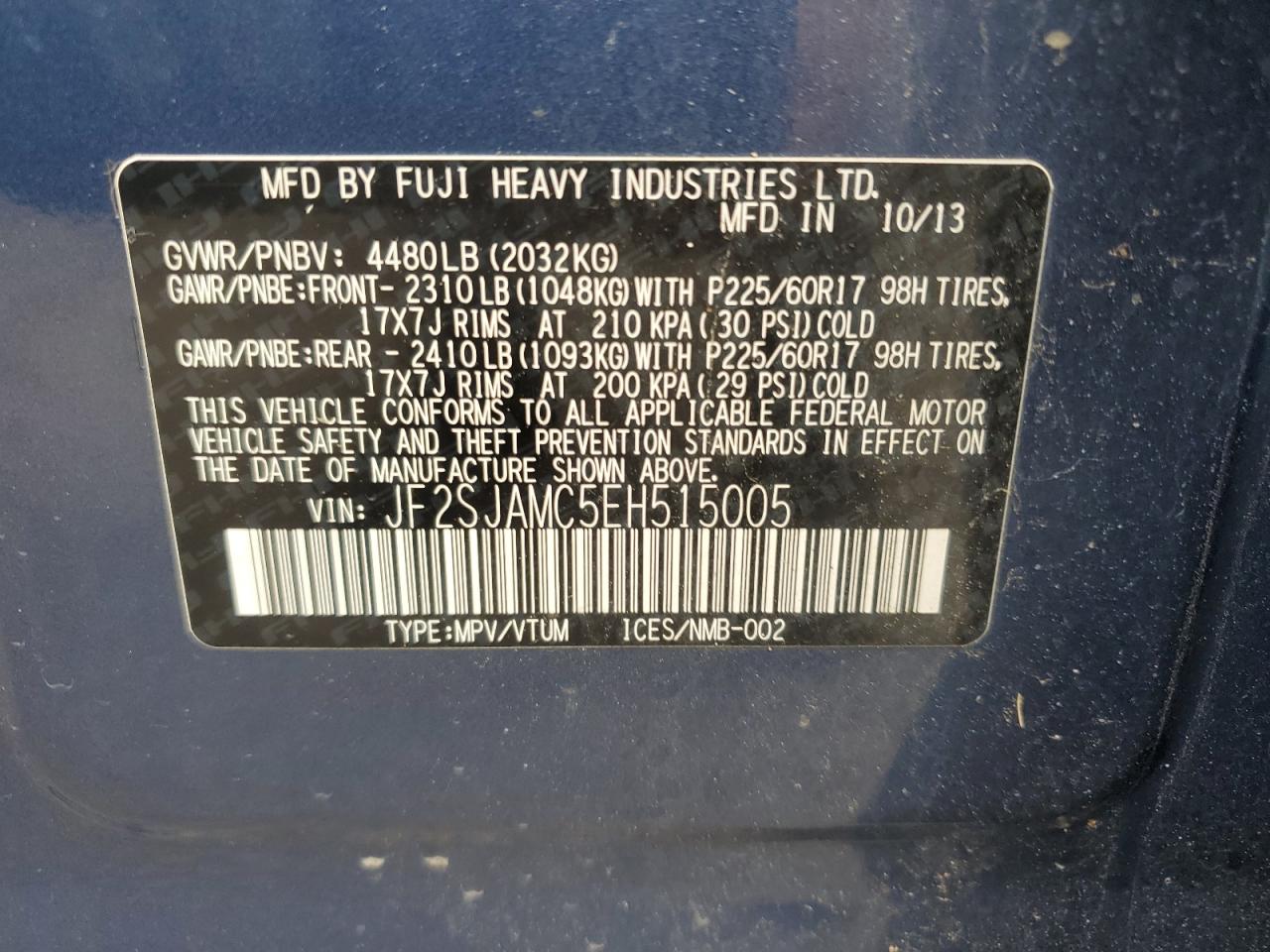 JF2SJAMC5EH515005 2014 Subaru Forester 2.5I Touring