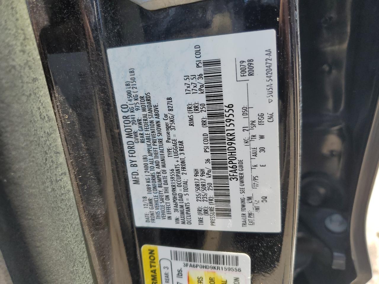 3FA6P0HD9KR159556 2019 Ford Fusion Se