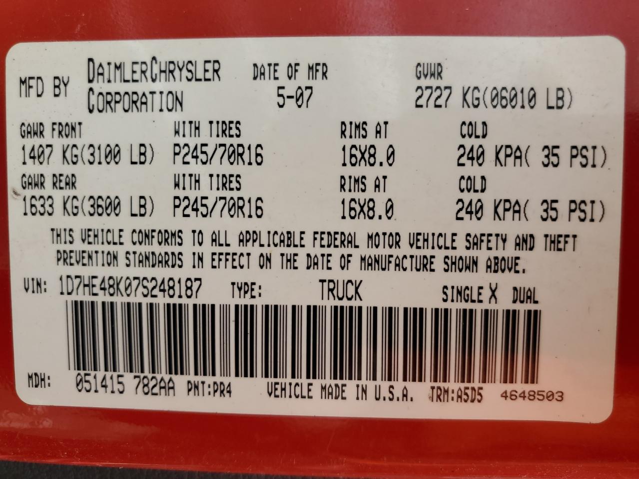 1D7HE48K07S248187 2007 Dodge Dakota Quad Slt