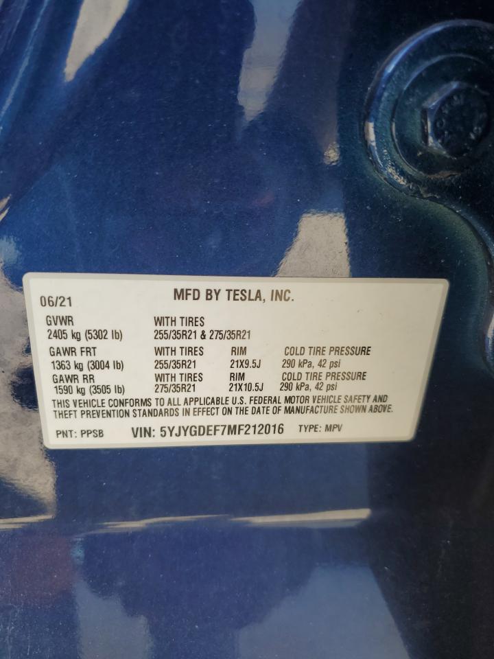 5YJYGDEF7MF212016 2021 Tesla Model Y