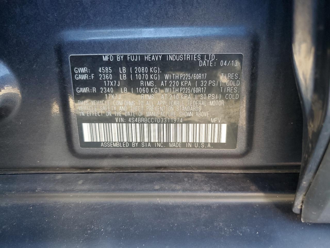 4S4BRBCC7D3311974 2013 Subaru Outback 2.5I Premium