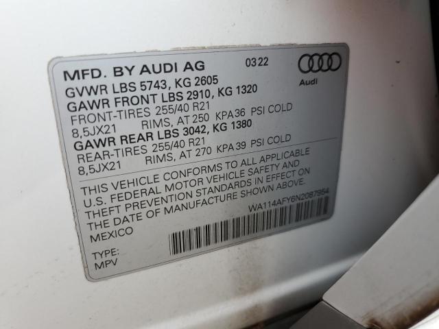 2022 Audi Sq5 Sportback Premium VIN: WA114AFY6N2087954 Lot: 60136054