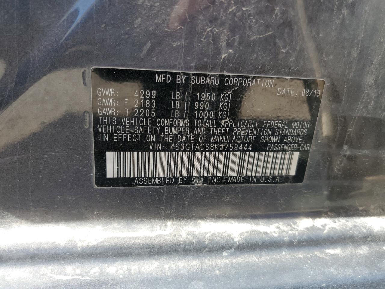 4S3GTAC68K3759444 2019 Subaru Impreza Premium