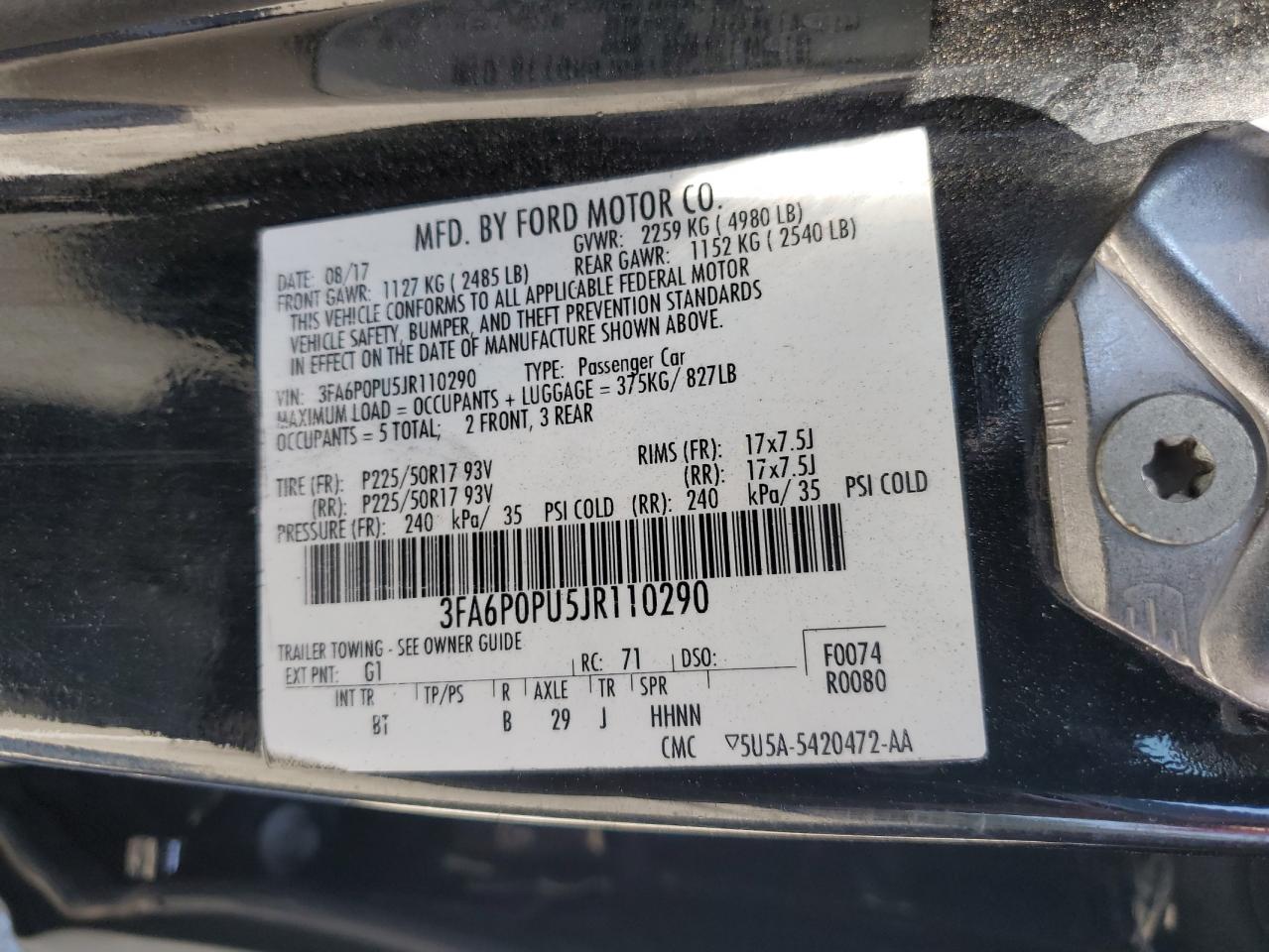 3FA6P0PU5JR110290 2018 Ford Fusion Se Phev