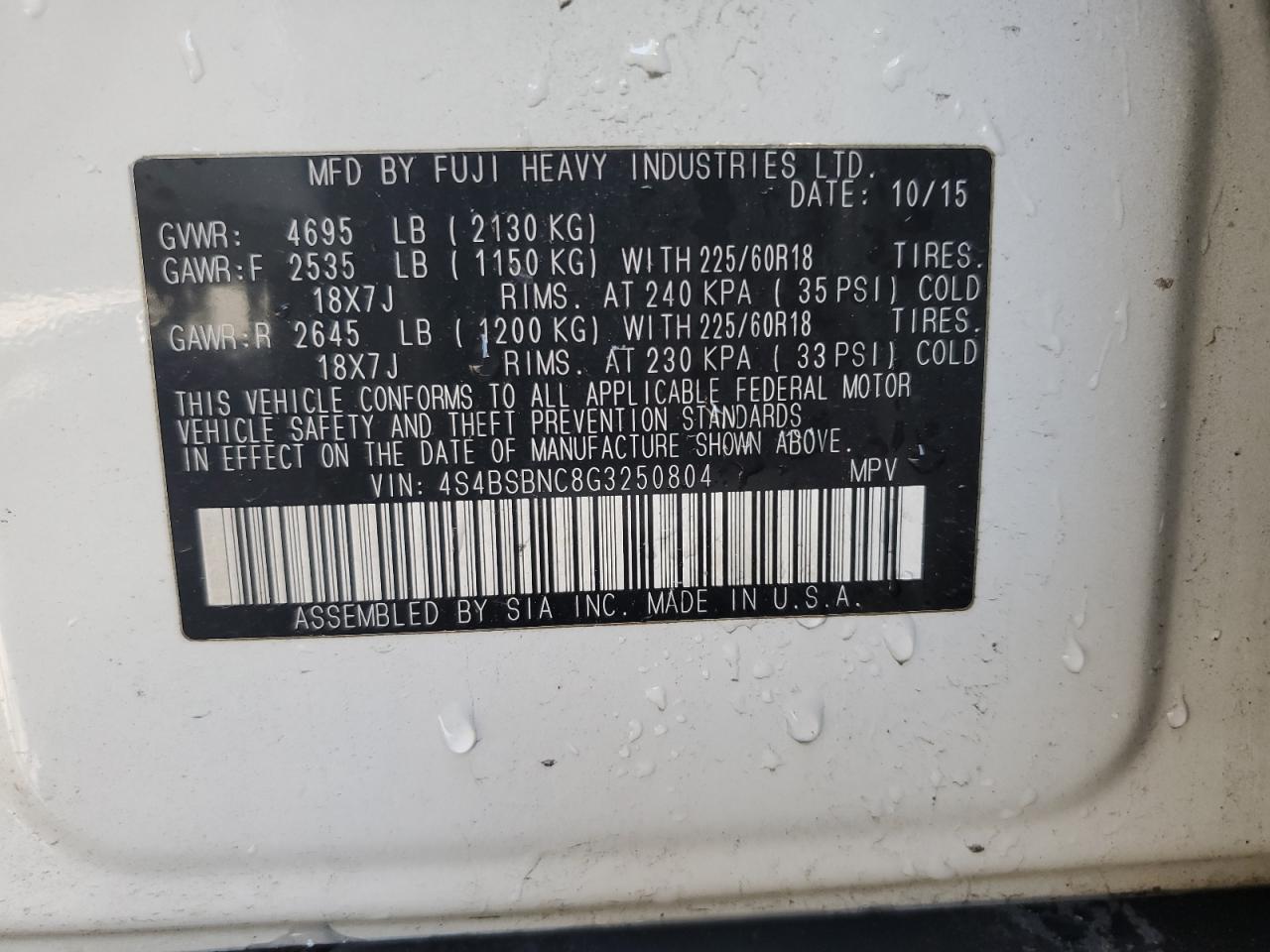 4S4BSBNC8G3250804 2016 Subaru Outback 2.5I Limited