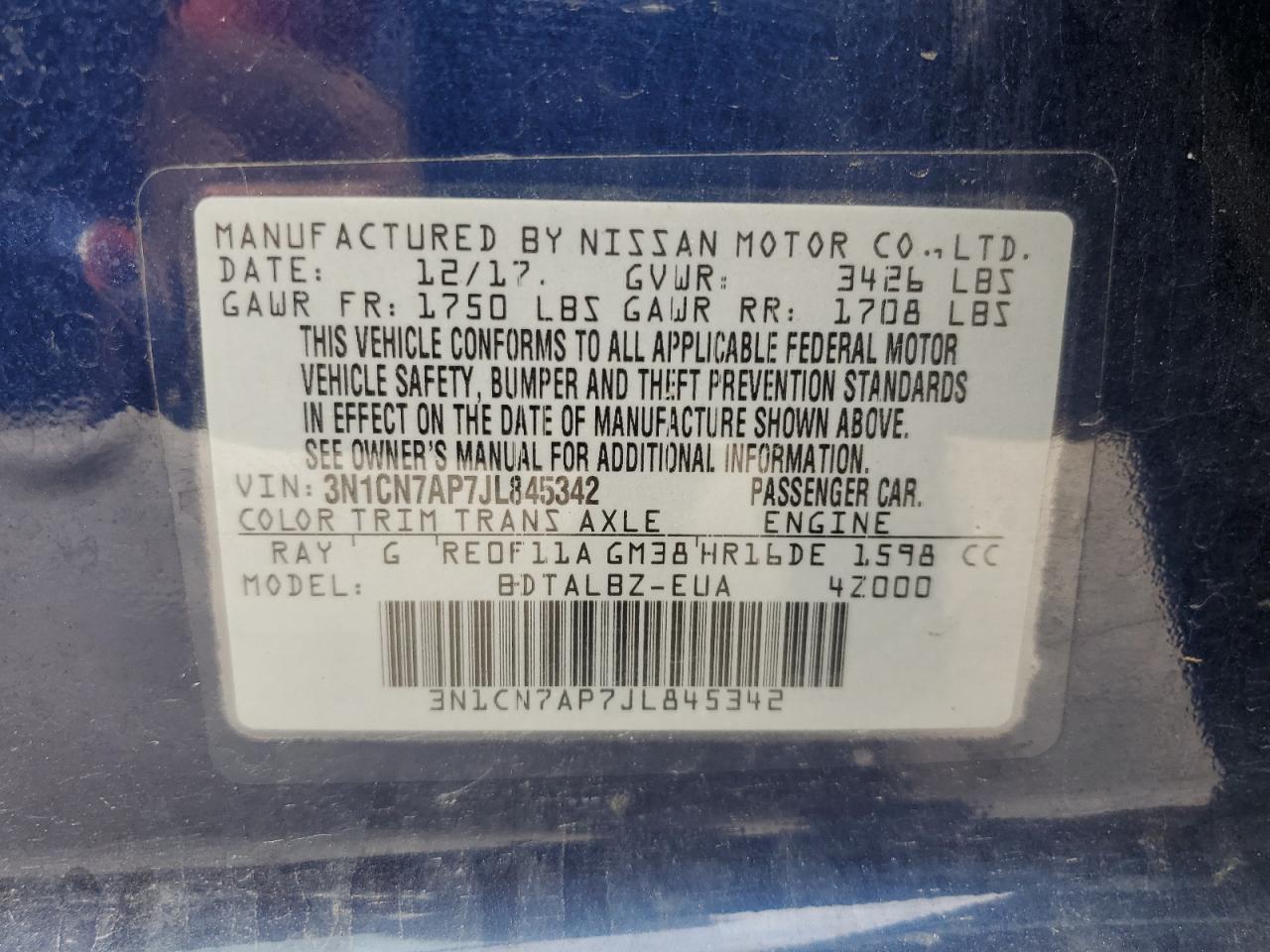 3N1CN7AP7JL845342 2018 Nissan Versa S