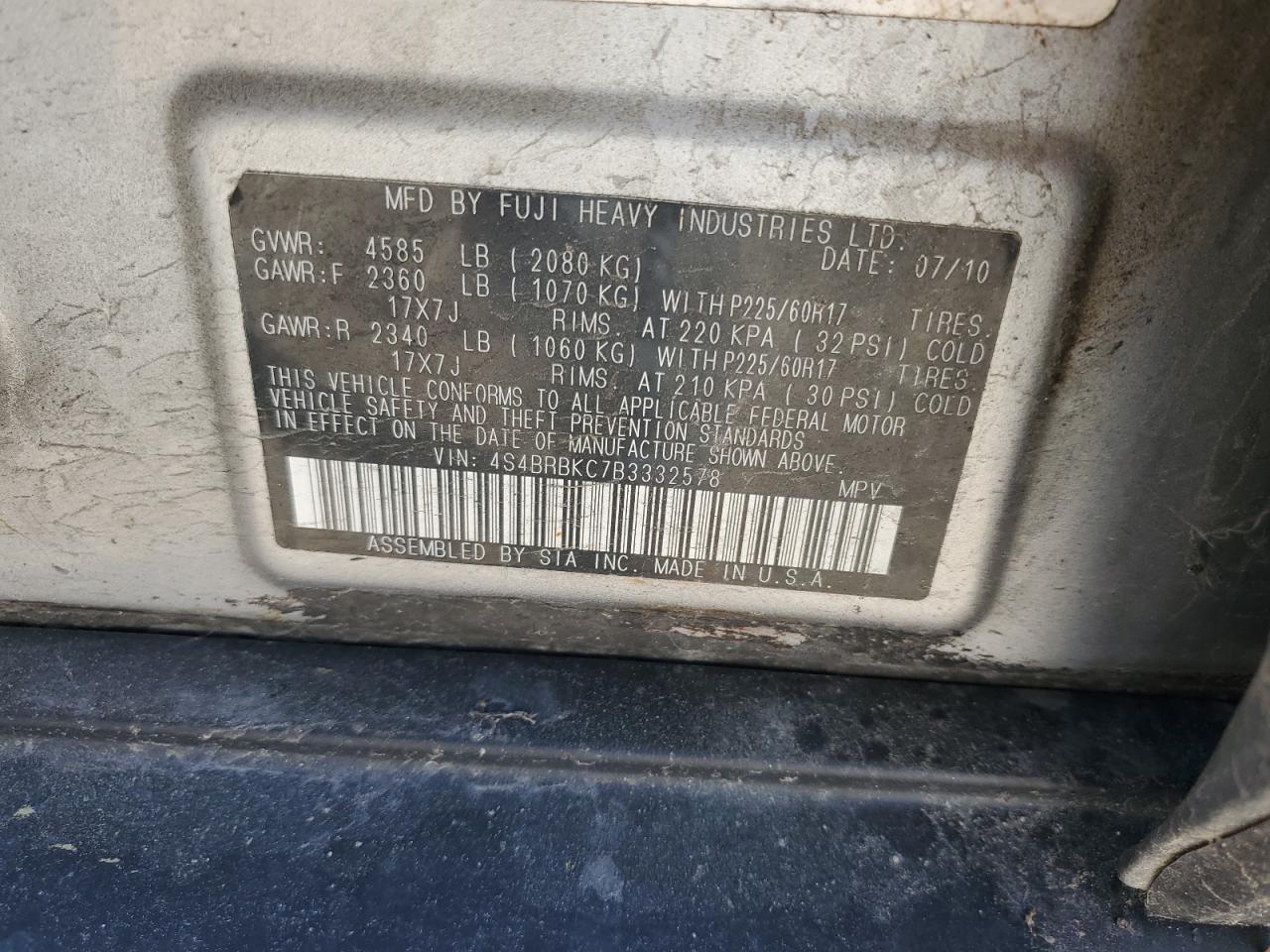 4S4BRBKC7B3332578 2011 Subaru Outback 2.5I Limited