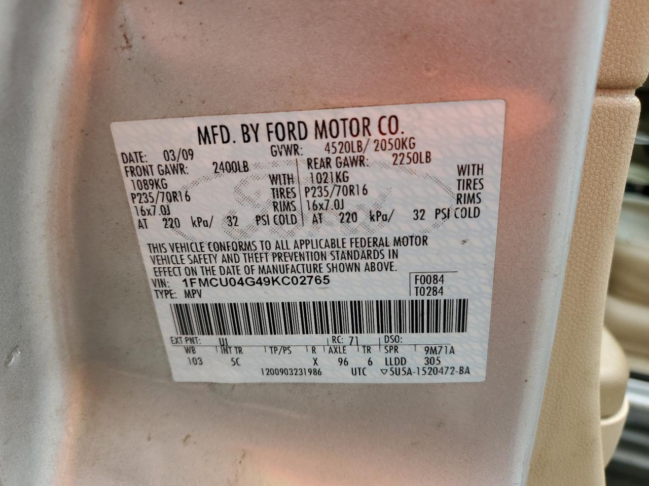 1FMCU04G49KC02765 2009 Ford Escape Limited