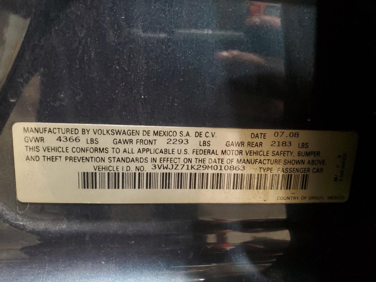 3VWJZ71K29M010863 2009 Volkswagen Jetta S