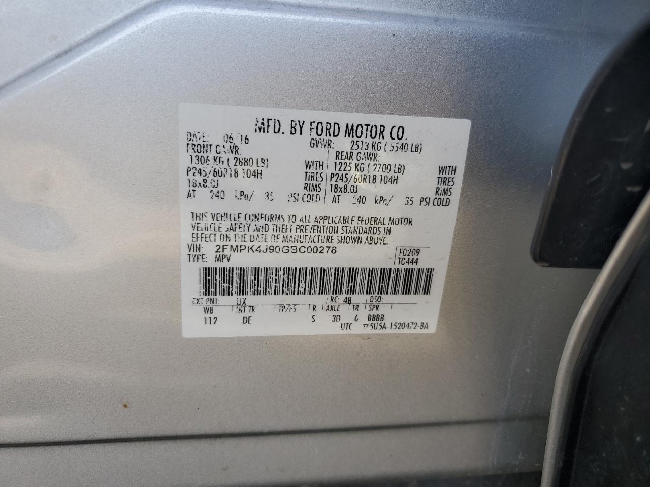 2FMPK4J90GBC00278 2016 Ford Edge Sel