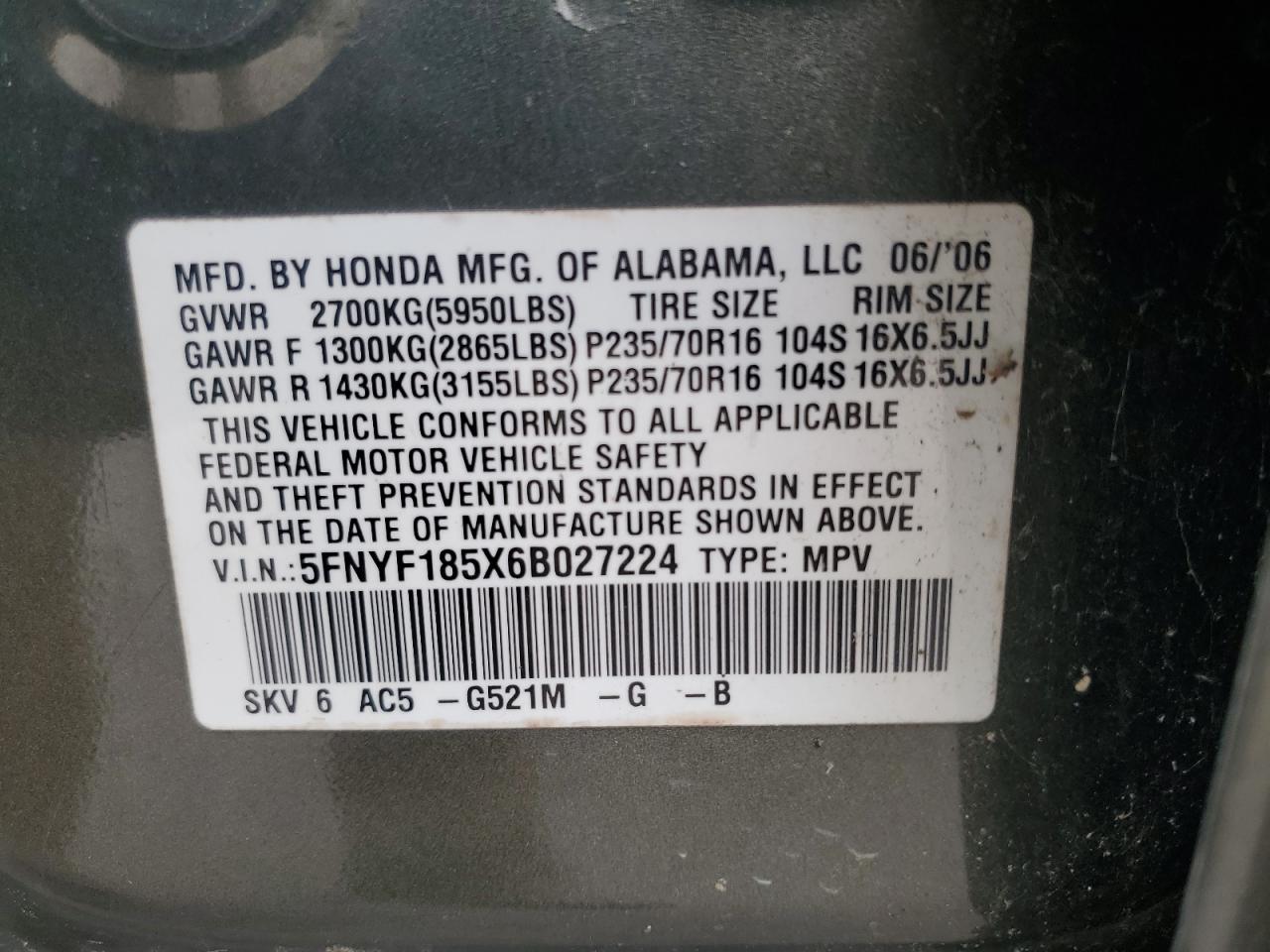 5FNYF185X6B027224 2006 Honda Pilot Ex