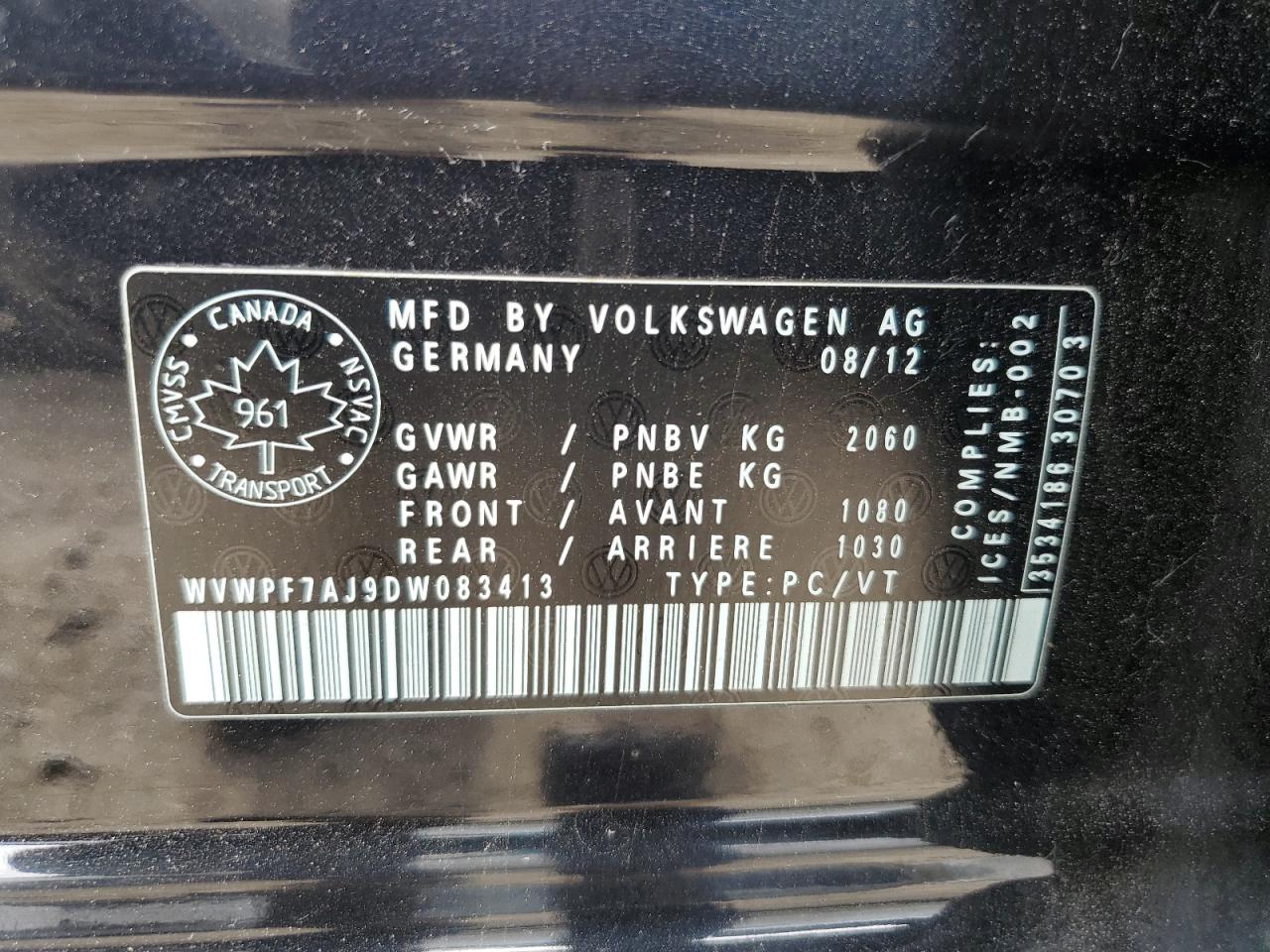 WVWPF7AJ9DW083413 2013 Volkswagen Golf R