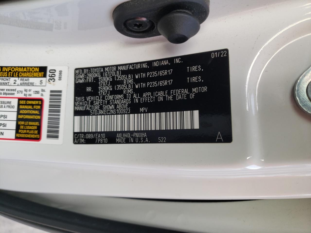 2022 Toyota Sienna Xle vin: 5TDJRKEC2NS100923