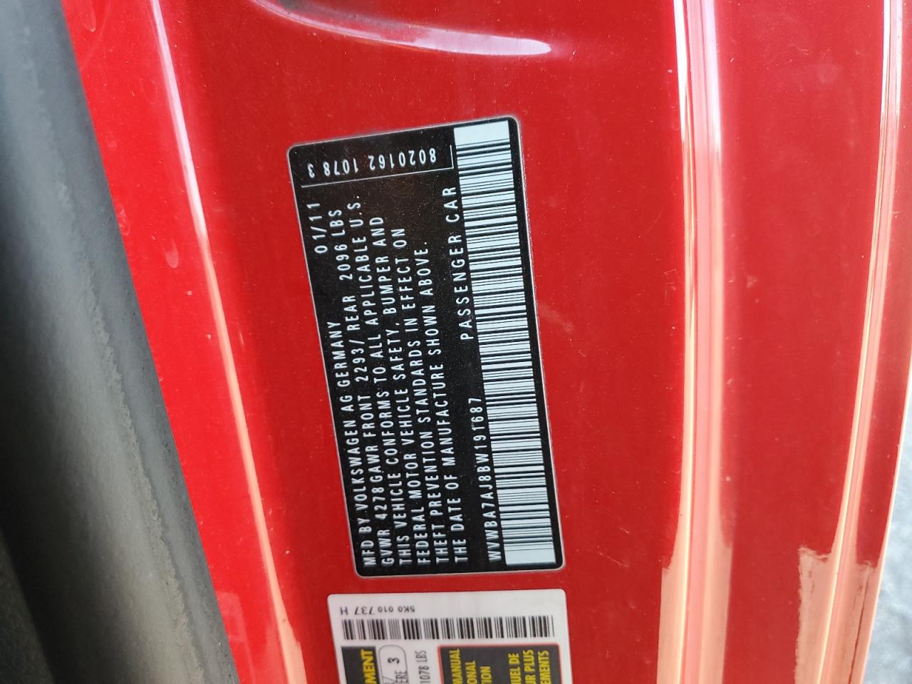 WVWBA7AJ8BW191687 2011 Volkswagen Golf