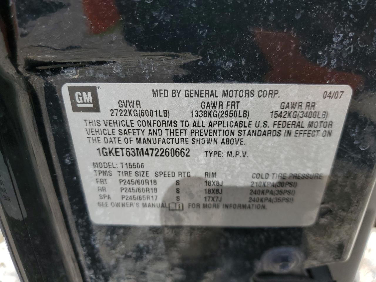 1GKET63M472260662 2007 GMC Envoy Denali