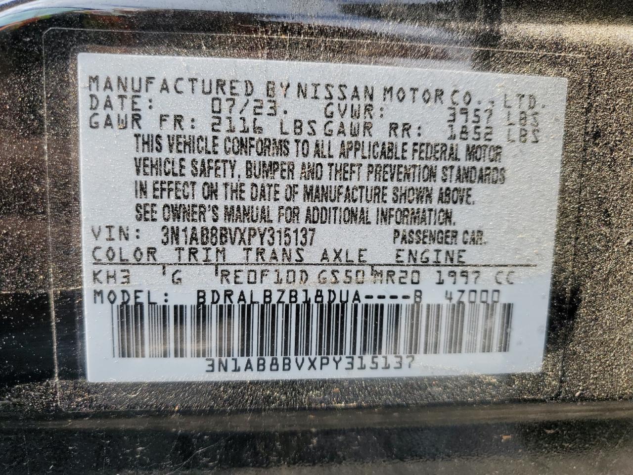 3N1AB8BVXPY315137 2023 Nissan Sentra S