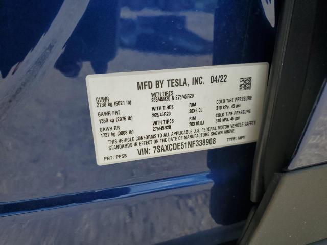 2022 Tesla Model X VIN: 7SAXCDE51NF338908 Lot: 59784204