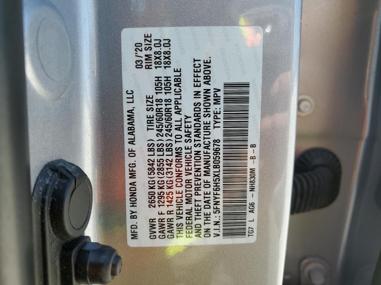 5FNYF6H5XLB059678 2020 Honda Pilot Exl