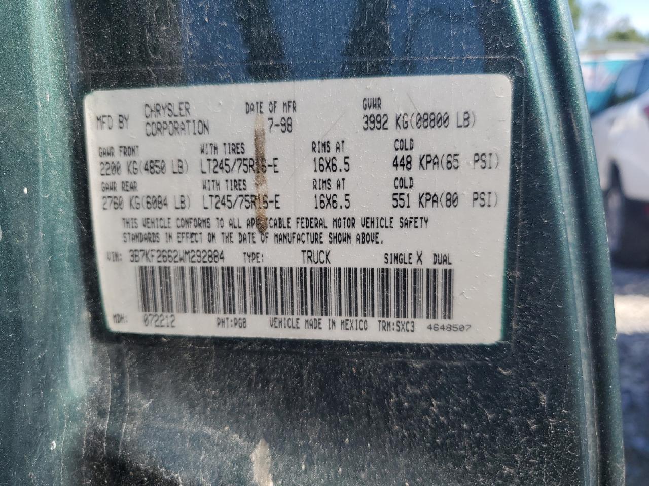 3B7KF2662WM292884 1998 Dodge Ram 2500