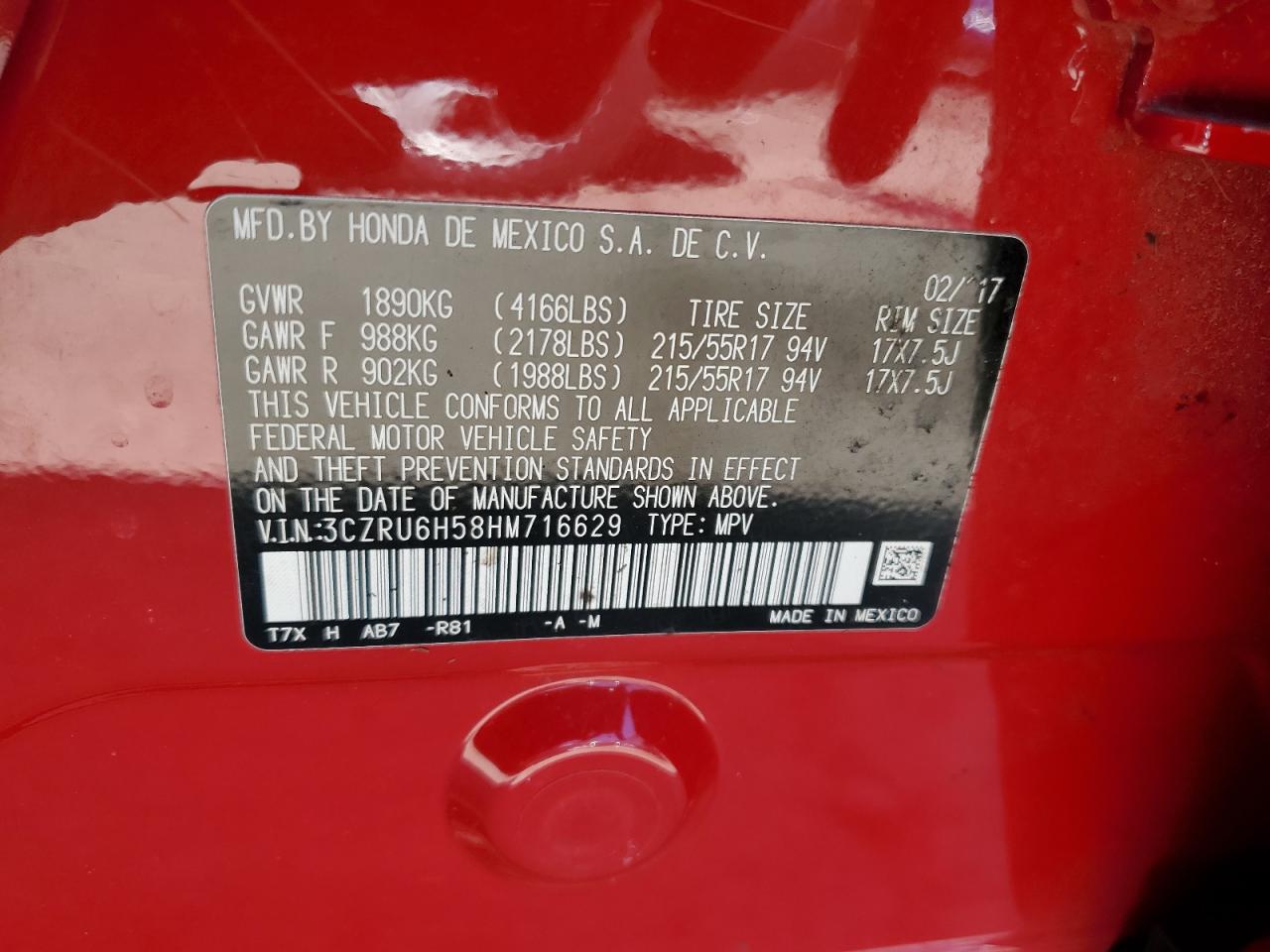 3CZRU6H58HM716629 2017 Honda Hr-V Ex