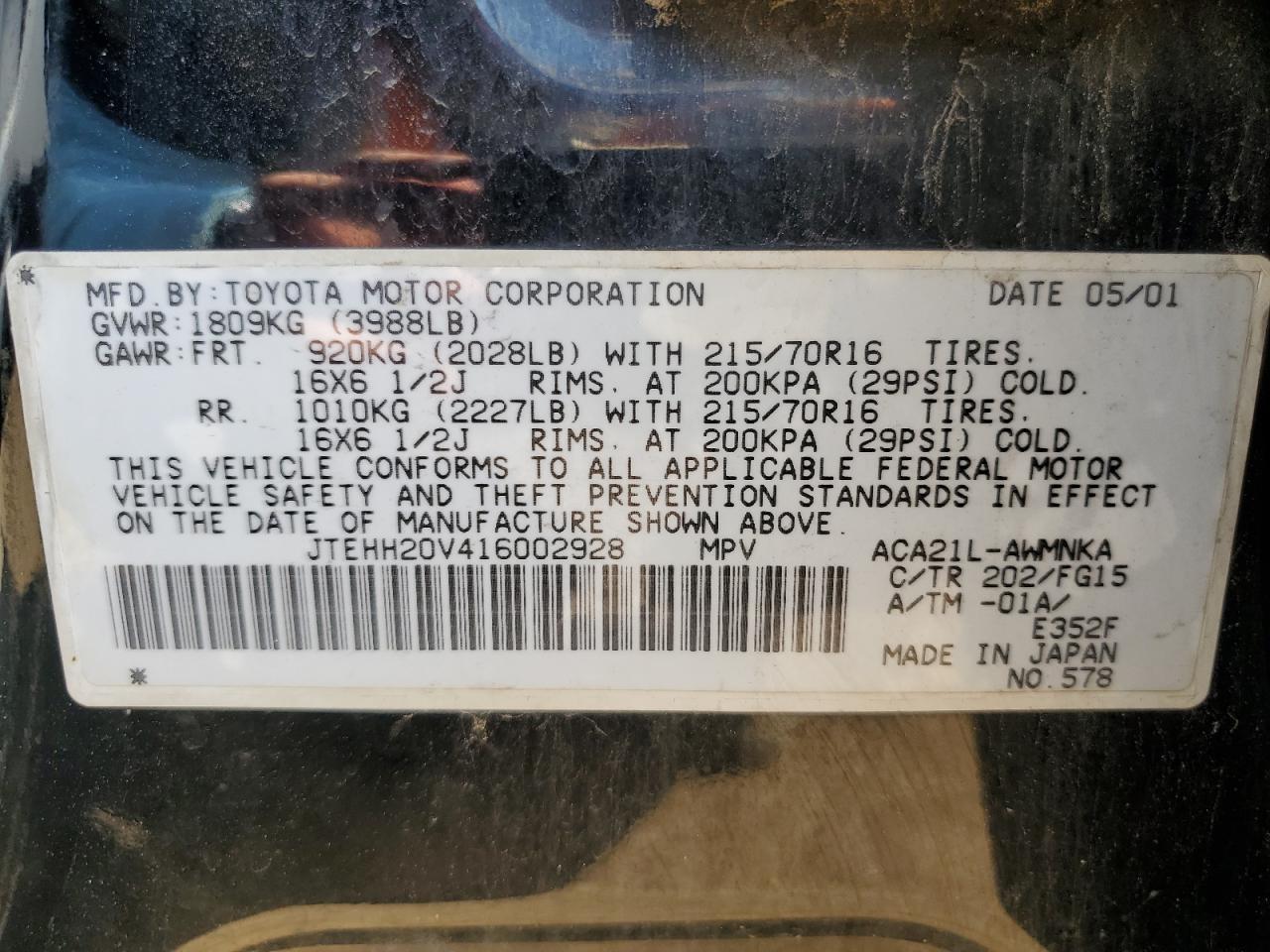 JTEHH20V416002928 2001 Toyota Rav4