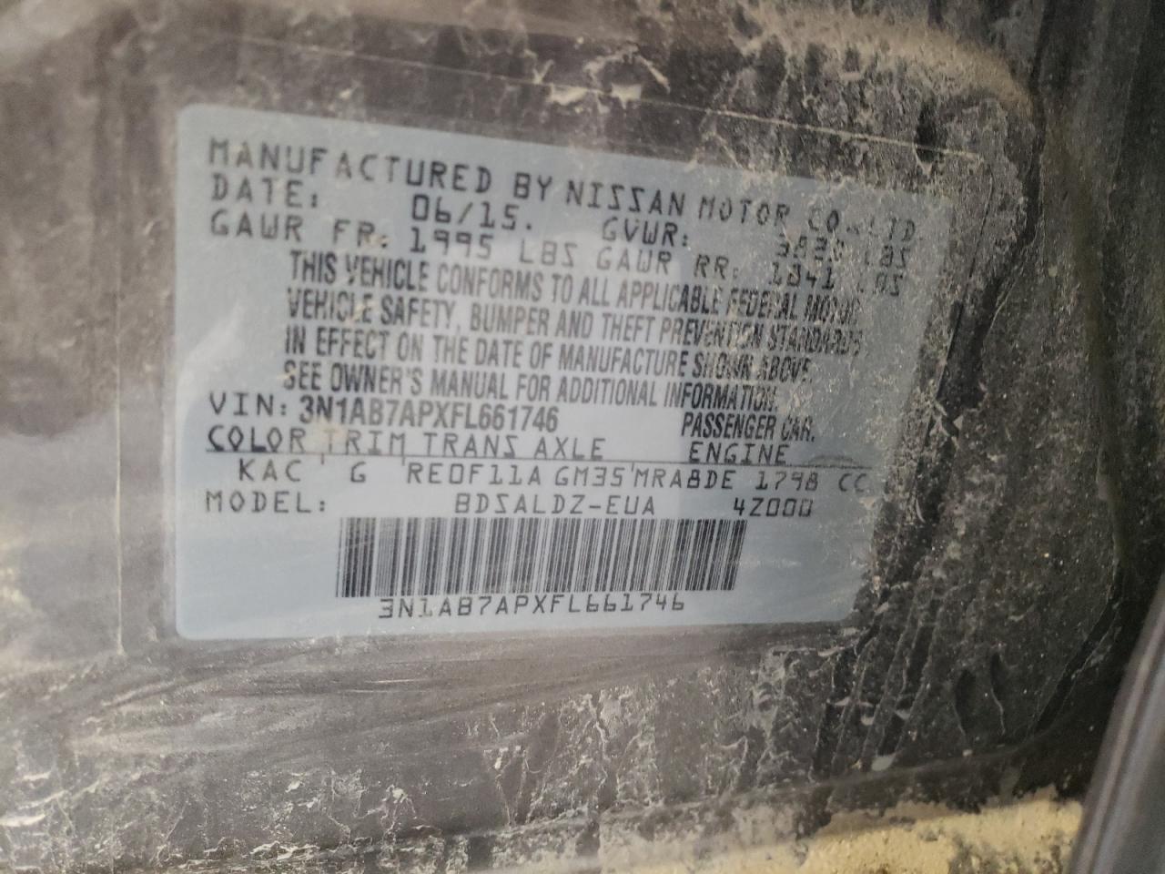 3N1AB7APXFL661746 2015 Nissan Sentra S