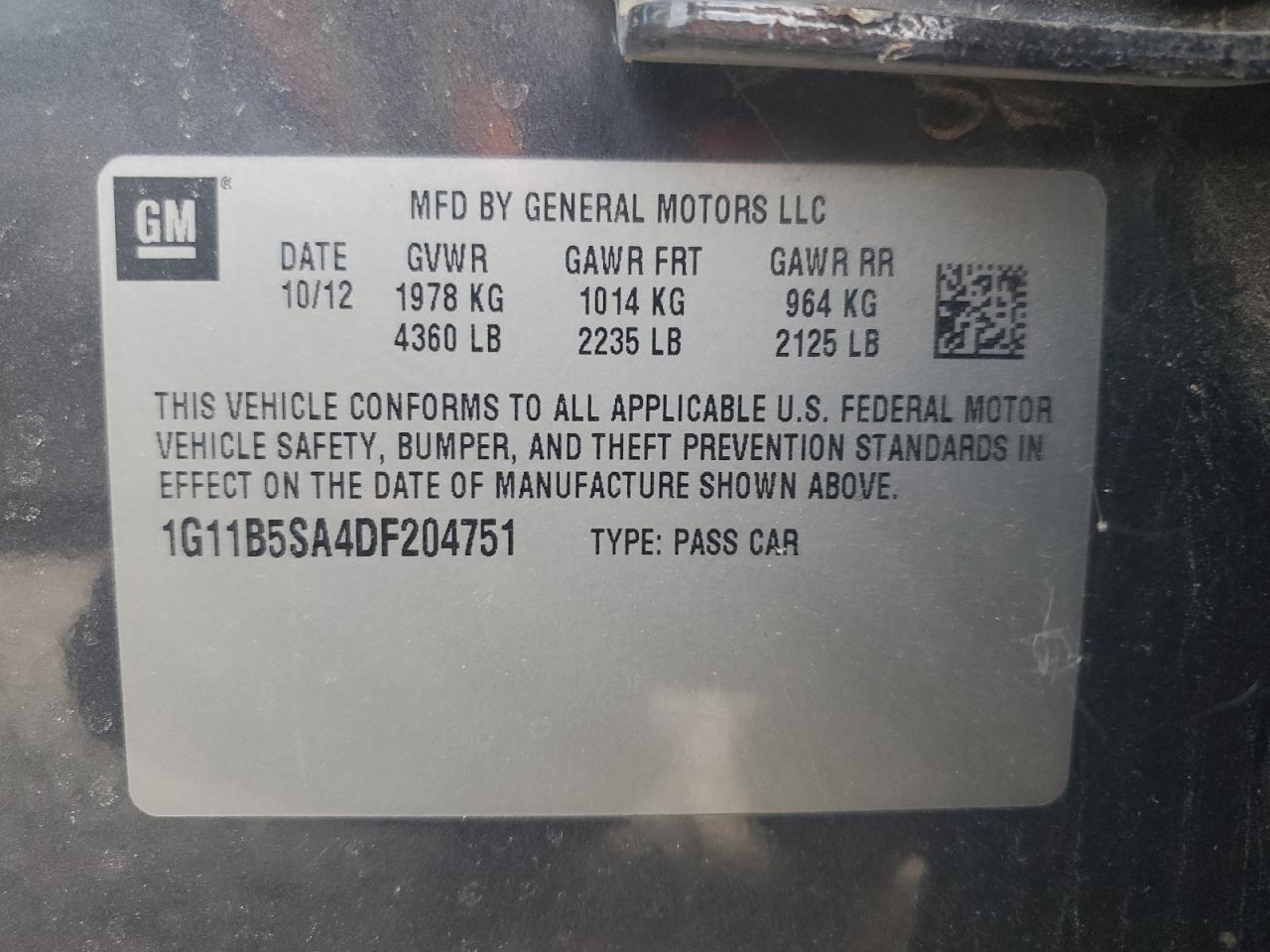 1G11B5SA4DF204751 2013 Chevrolet Malibu Ls