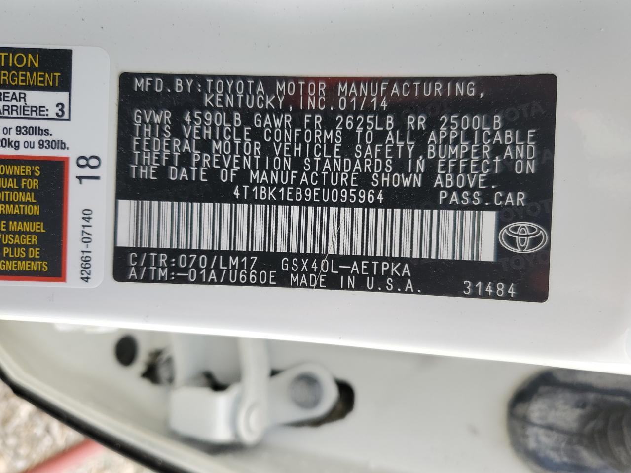 4T1BK1EB9EU095964 2014 Toyota Avalon Base