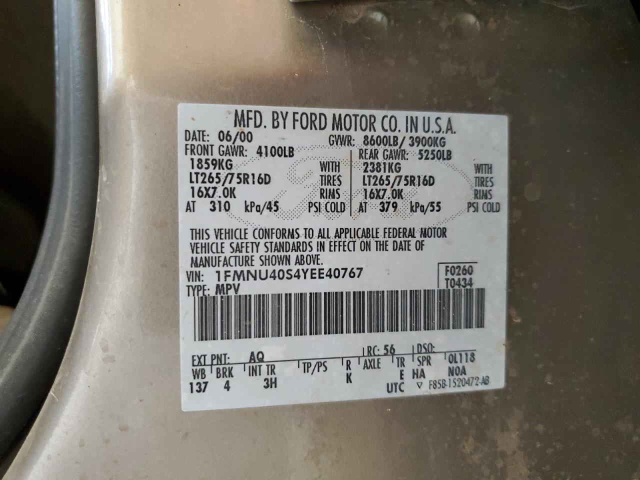 1FMNU40S4YEE40767 2000 Ford Excursion Xlt