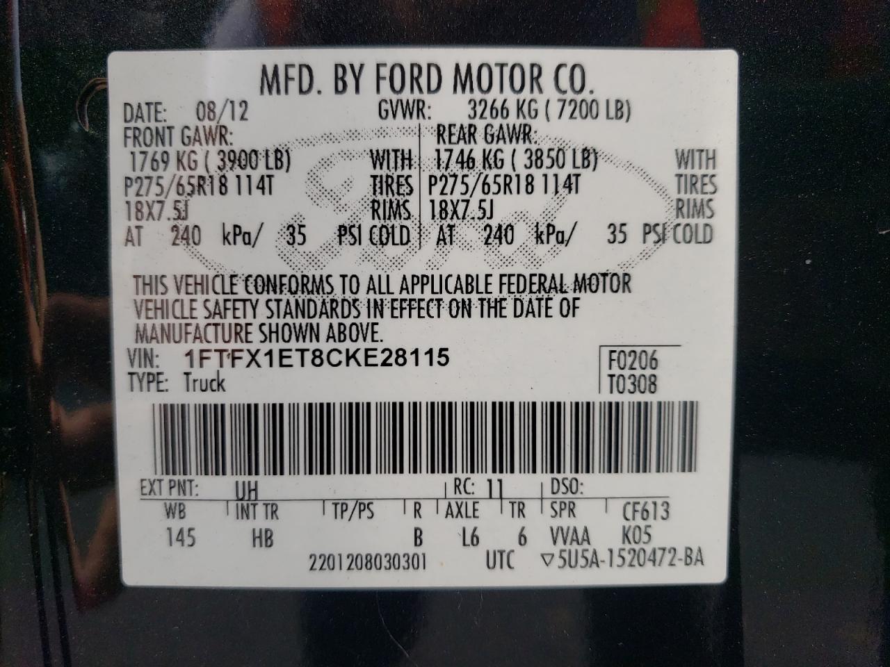 1FTFX1ET8CKE28115 2012 Ford F150 Super Cab