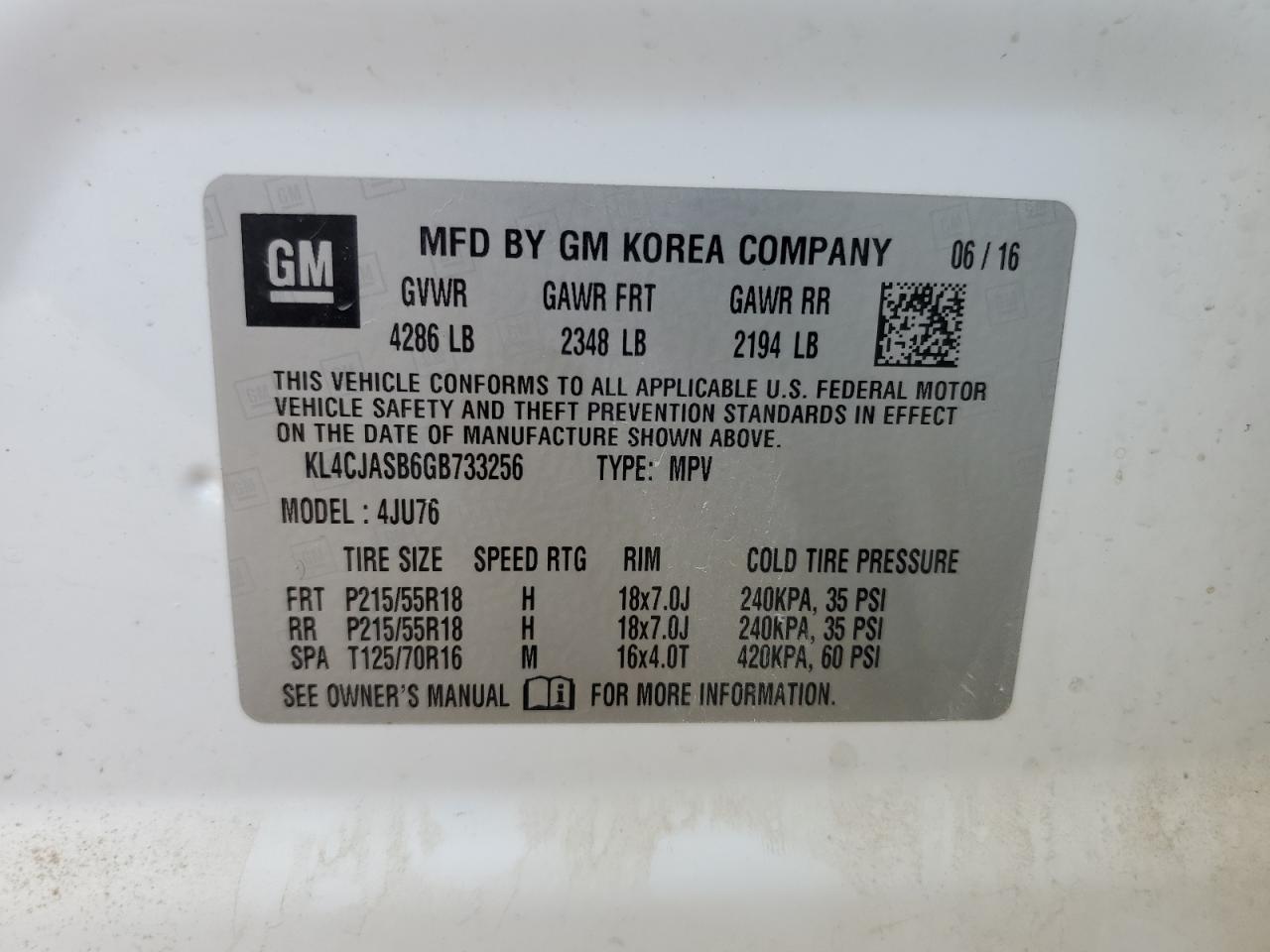 KL4CJASB6GB733256 2016 Buick Encore