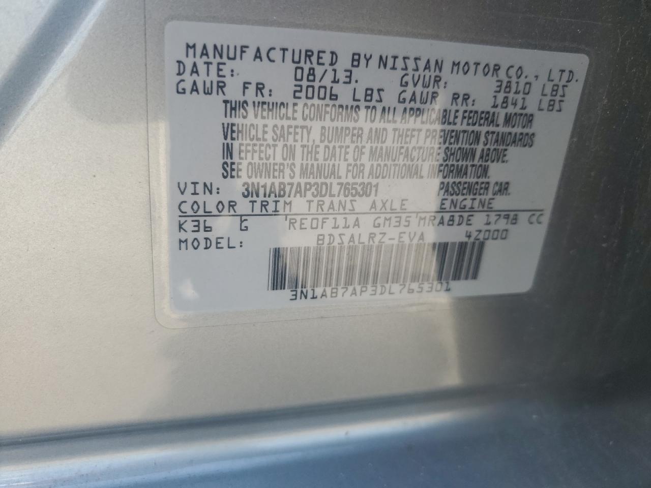 3N1AB7AP3DL765301 2013 Nissan Sentra S