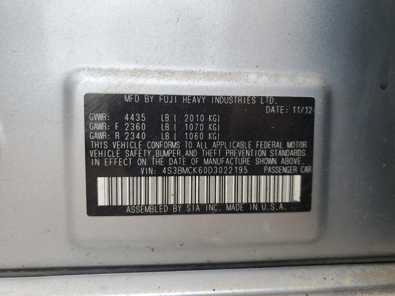 4S3BMCK60D3022195 2013 Subaru Legacy 2.5I Limited