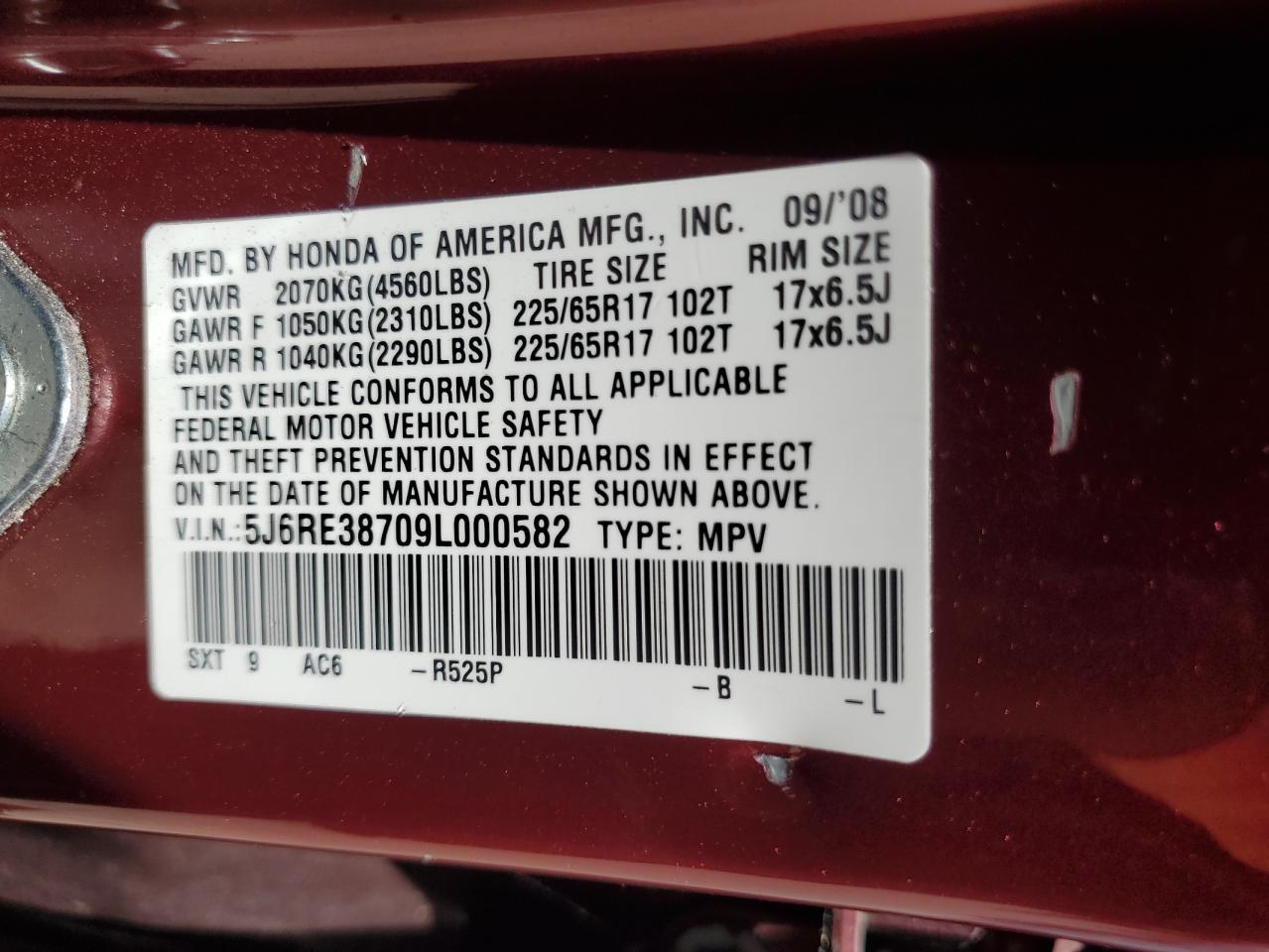 5J6RE38709L000582 2009 Honda Cr-V Exl