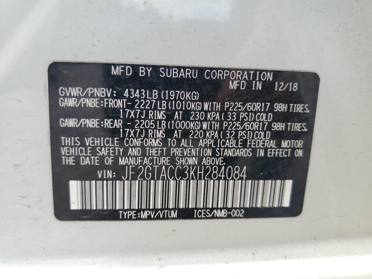 JF2GTACC3KH284084 2019 Subaru Crosstrek Premium