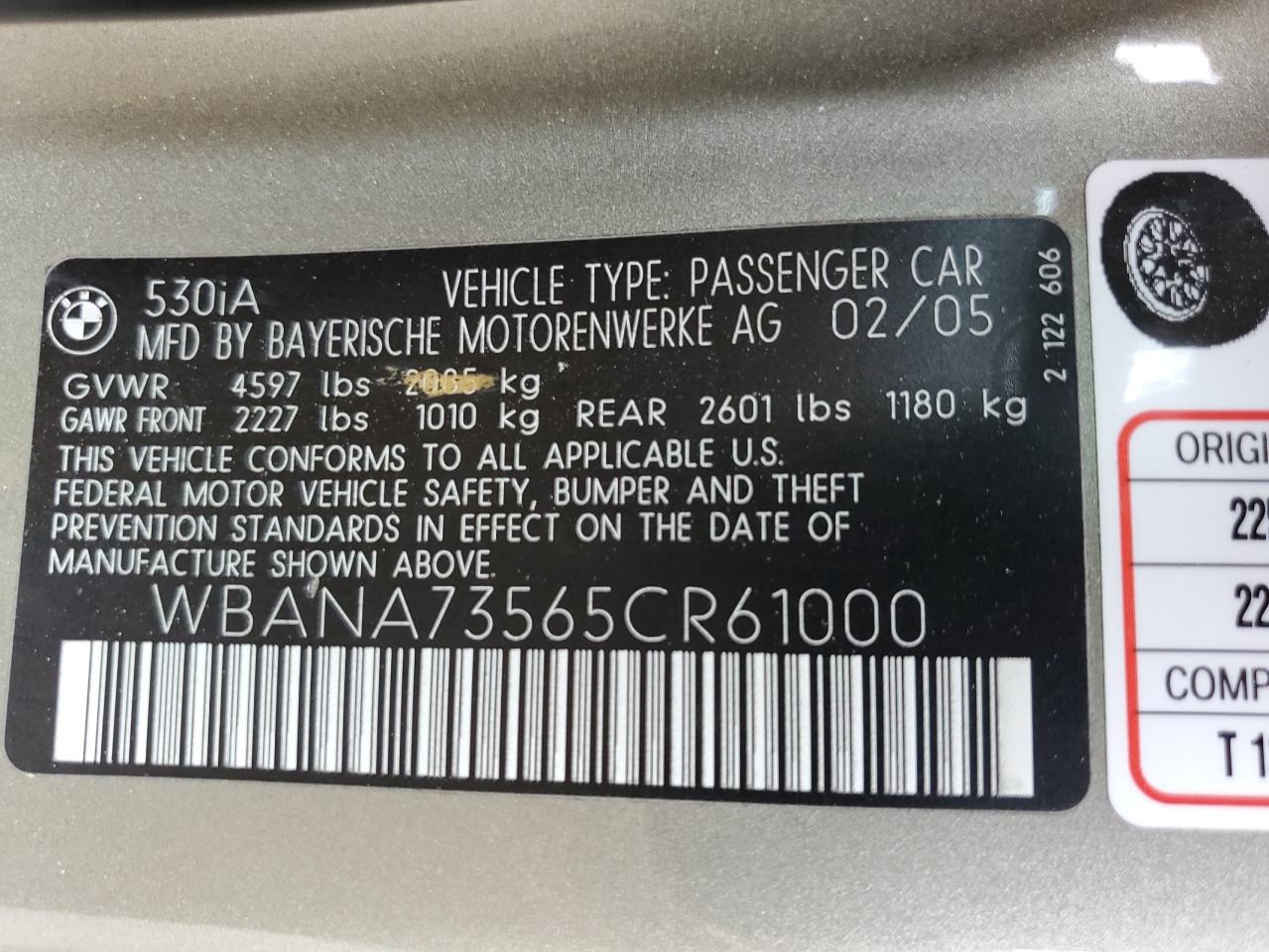 WBANA73565CR61000 2005 BMW 530 I