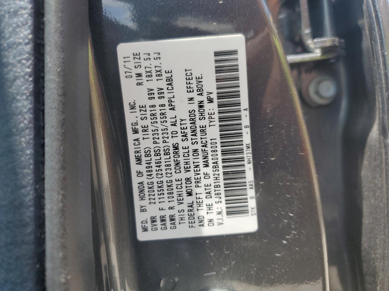 5J8TB1H25BA008001 2011 Acura Rdx