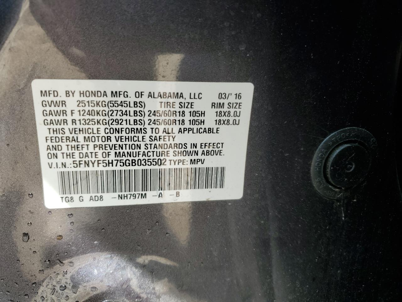 5FNYF5H75GB035502 2016 Honda Pilot Exln