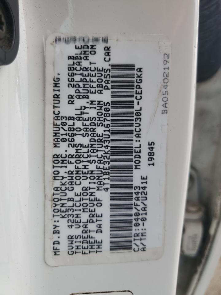 4T1BE32K43U167805 2003 Toyota Camry Le