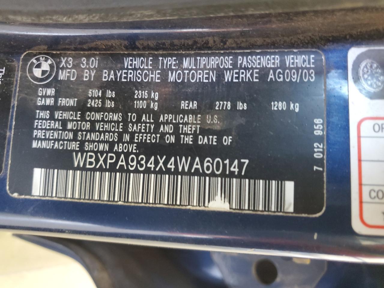 WBXPA934X4WA60147 2004 BMW X3 3.0I